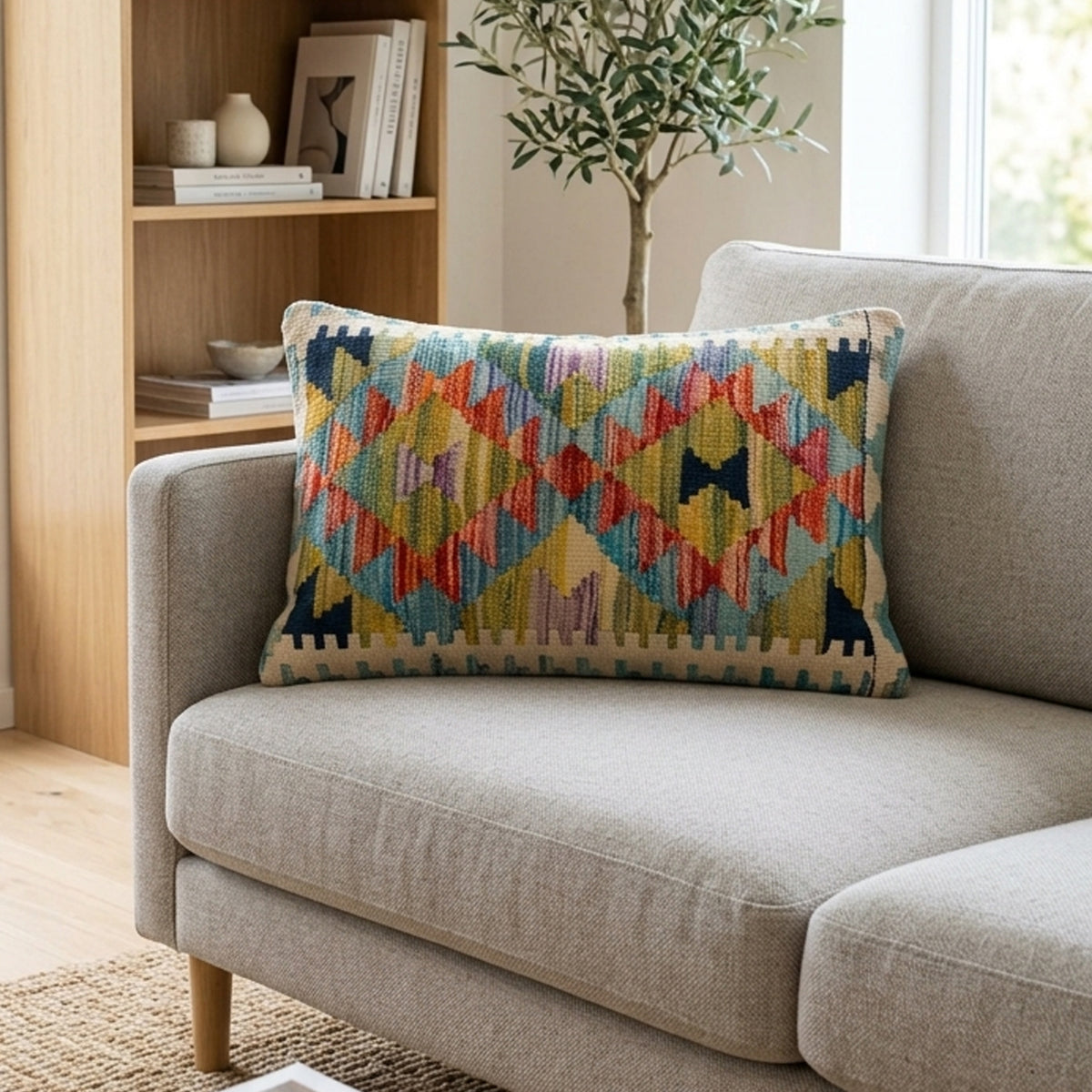 Multicolor geometric kilim cushion cover, 35x55 cm, shown on sofa