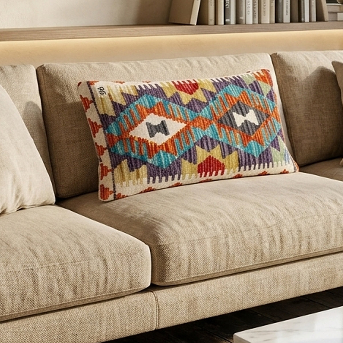 Turquoise kilim cushion cover with multicolor geometric patterns, rectangular 35 x 55 cm