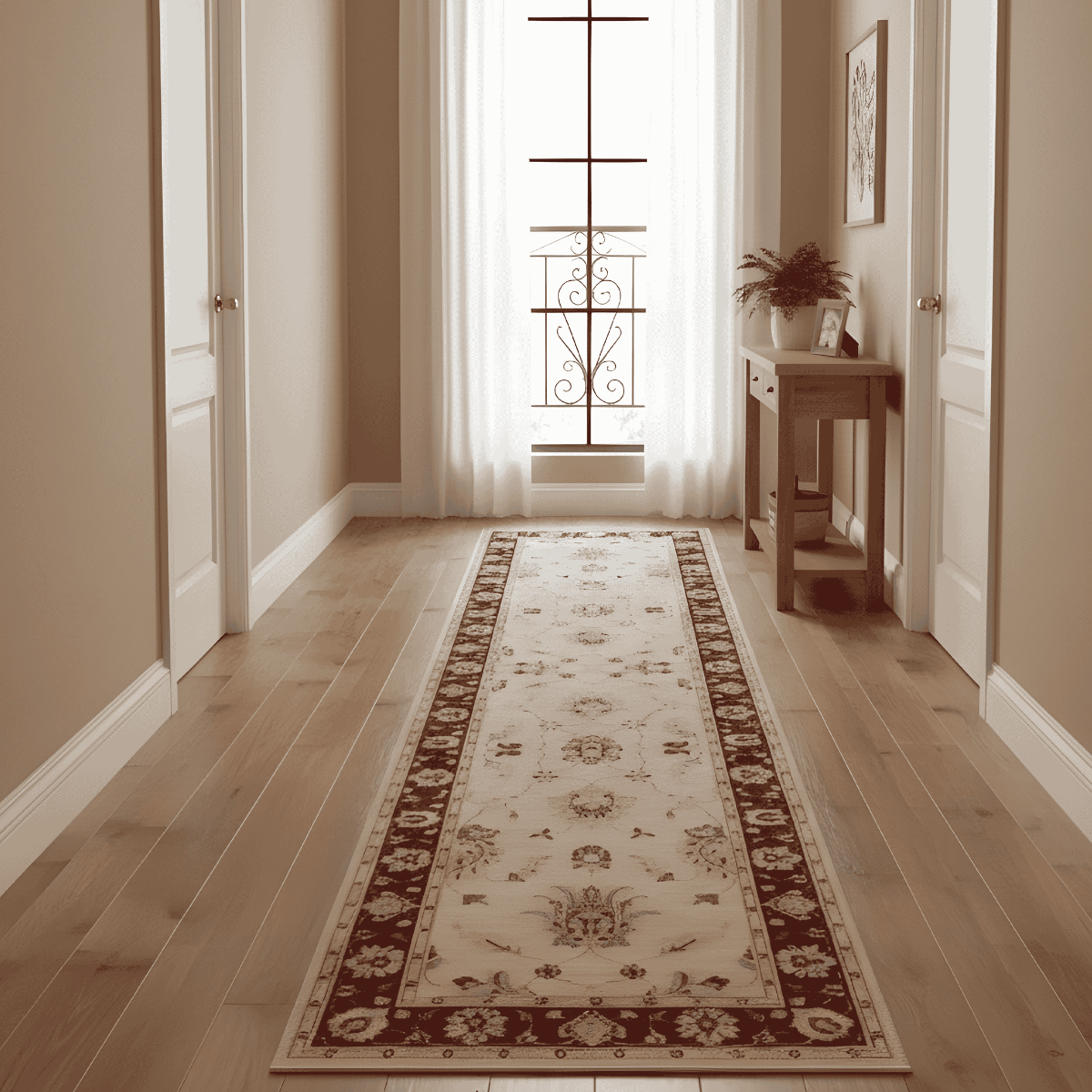 Cream runner rug with red border and floral center medallion on floor.