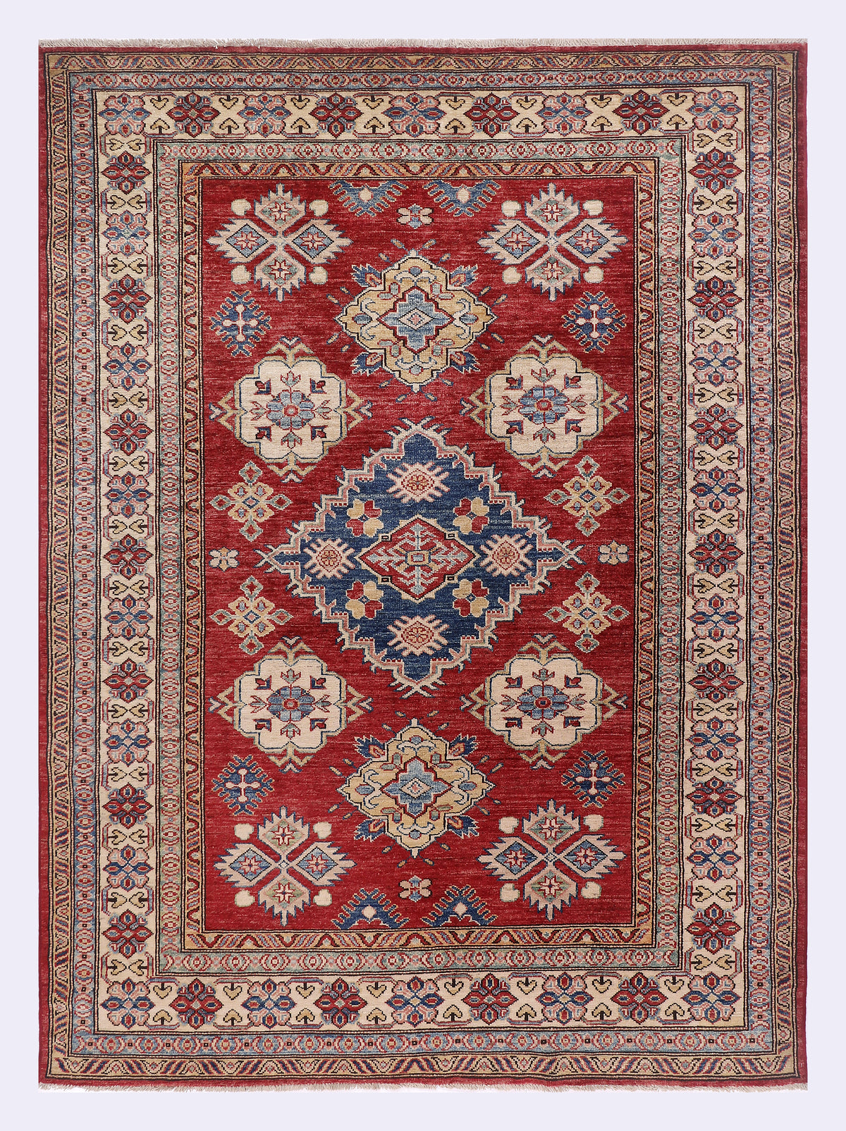 Red Kazak rug with central medallion and geometric floral pattern, decorative border