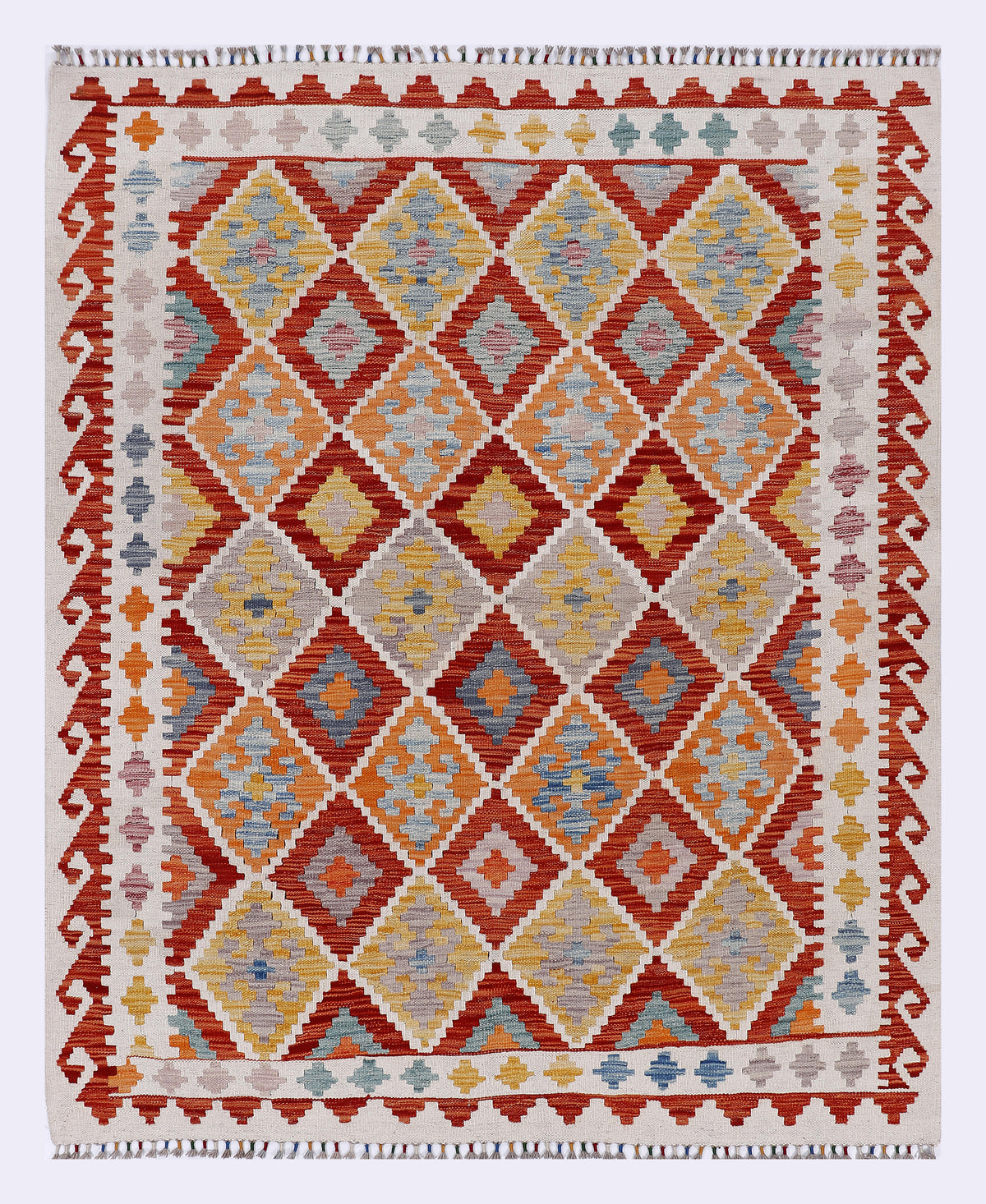 Red kilim rug with multicolor diamond pattern and fringed border, rectangular.