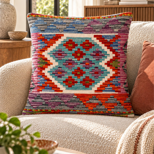 Kilim cushion cover with turquoise geometric diamonds and multicolor stitched border