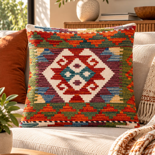 Multicolor kilim cushion with central diamond pattern, 45x45 cm