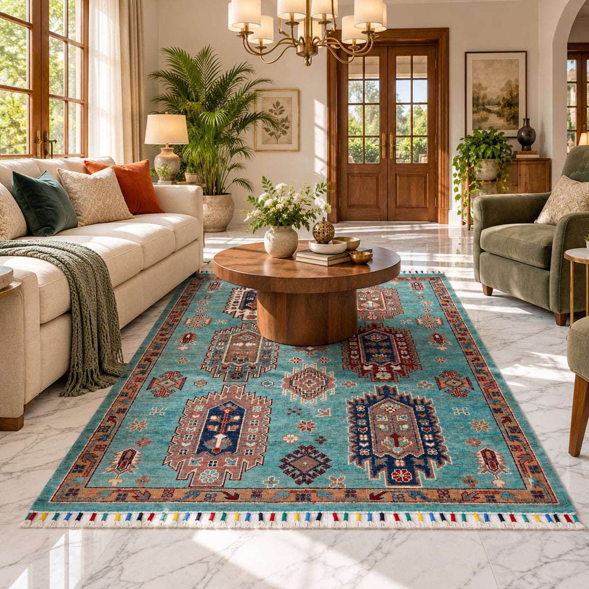 Turquoise rug centered with red and navy medallion pattern and multicolor geometric border