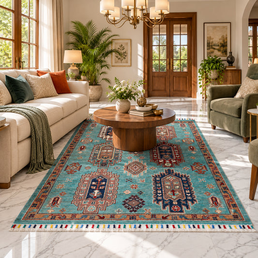 Turquoise rug centered with red and navy medallion pattern and multicolor geometric border
