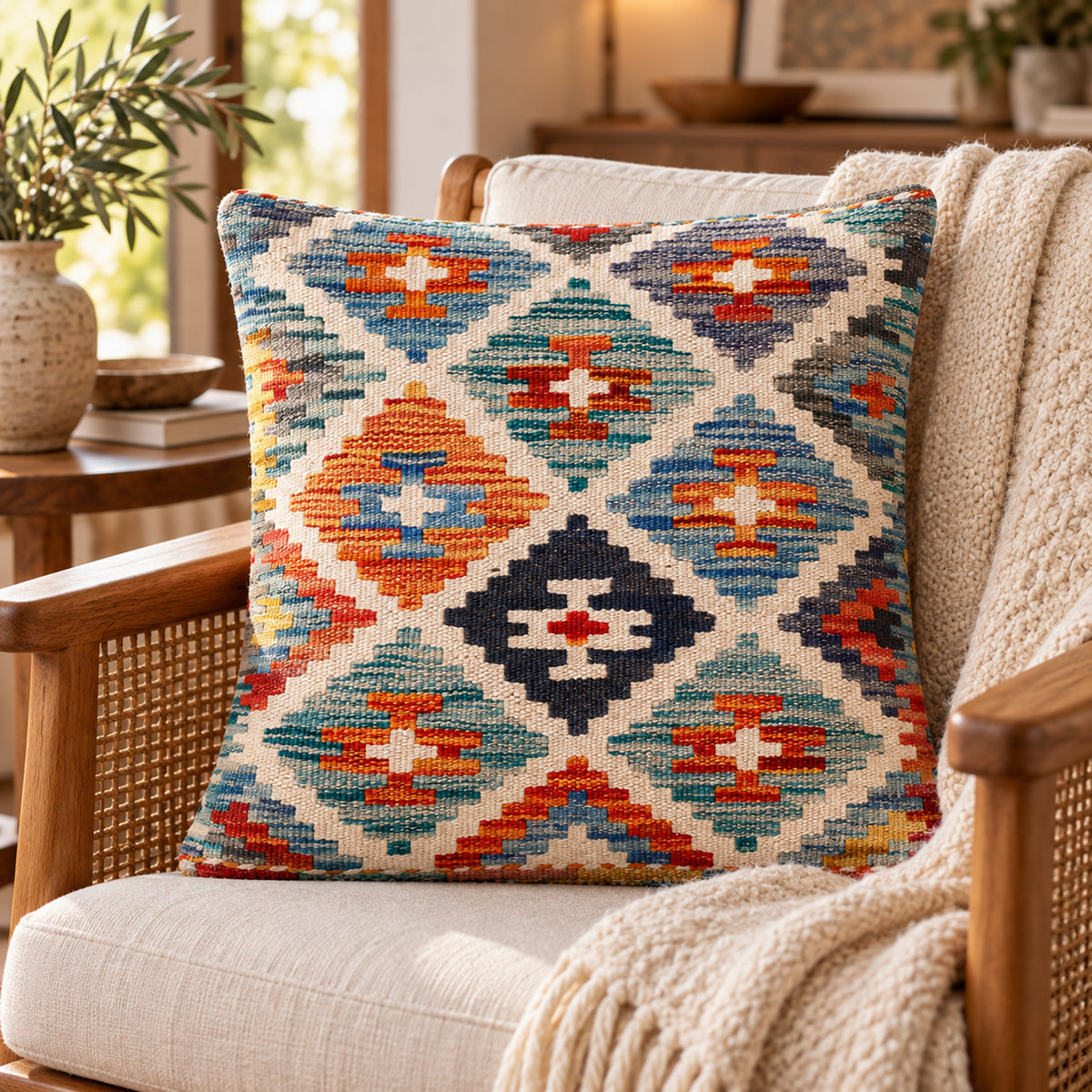 Kilim cushion cover with geometric diamond pattern in blue, orange, and black