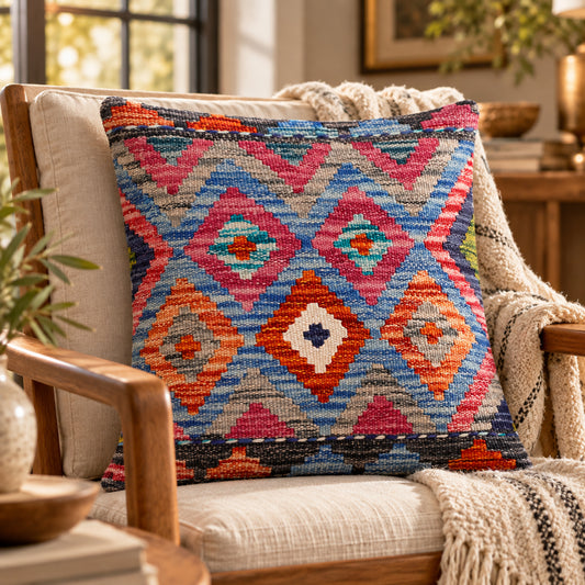 Kilim cushion on chair, multicolor diamond pattern with blue, red, orange
