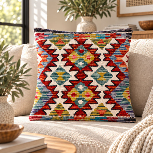 Geometric kilim cushion cover, square 45x45 cm, multicolor zigzag pattern