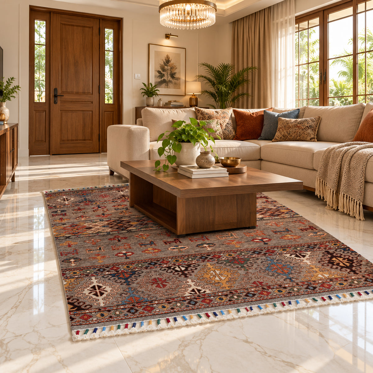 Grey multicolor geometric rug with bordered medallions and short fringes.