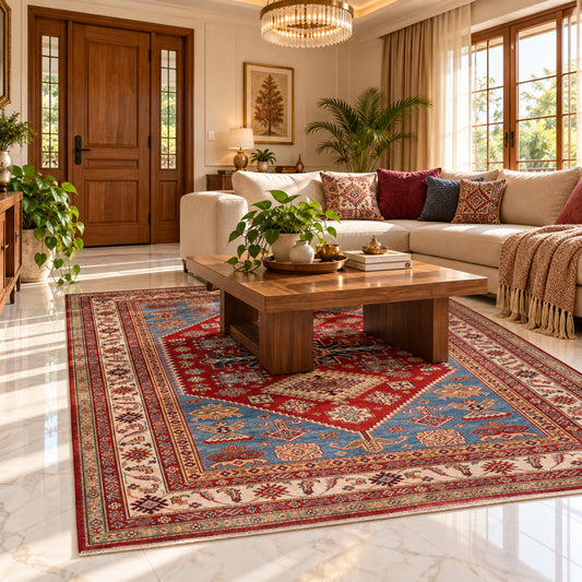 Red, blue, and cream Kazak rug in a living room under a window and chandelier