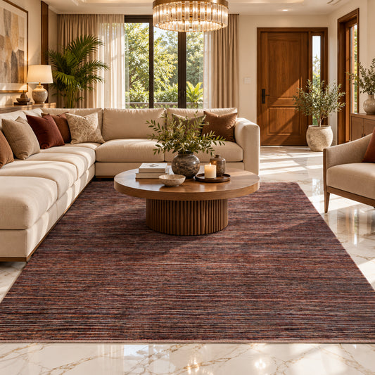 Rectangular striped area rug with dark brown base and thin multicolor lines, flat weave