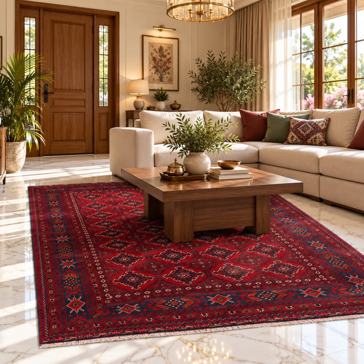 Red geometric rug with central medallion and detailed border pattern