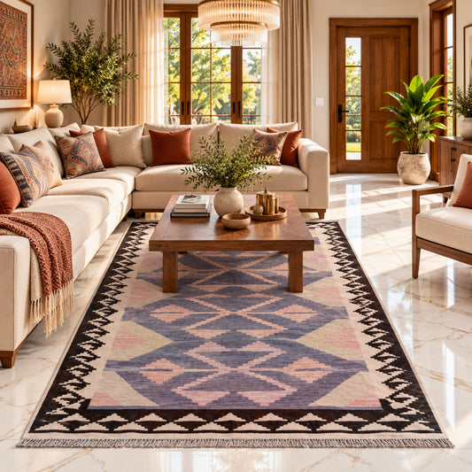 Geometric kilim rug with purple, blue, and pink tones, black border, centered motif.