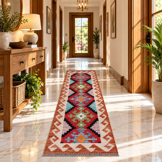 Multicolor kilim rug with repeating geometric diamonds, 145x48 cm
