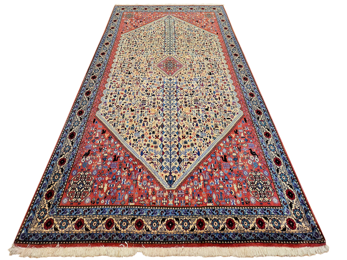 200x300 cm rug with symmetrical design, cream field, red panels, dark blue border and fringe
