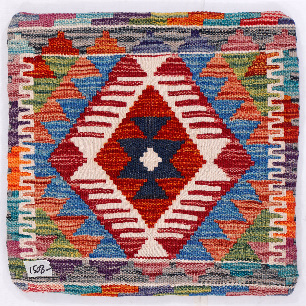 Kilim cushion cover, 45x45 cm, close-up diamond motif with multicolor zigzag border