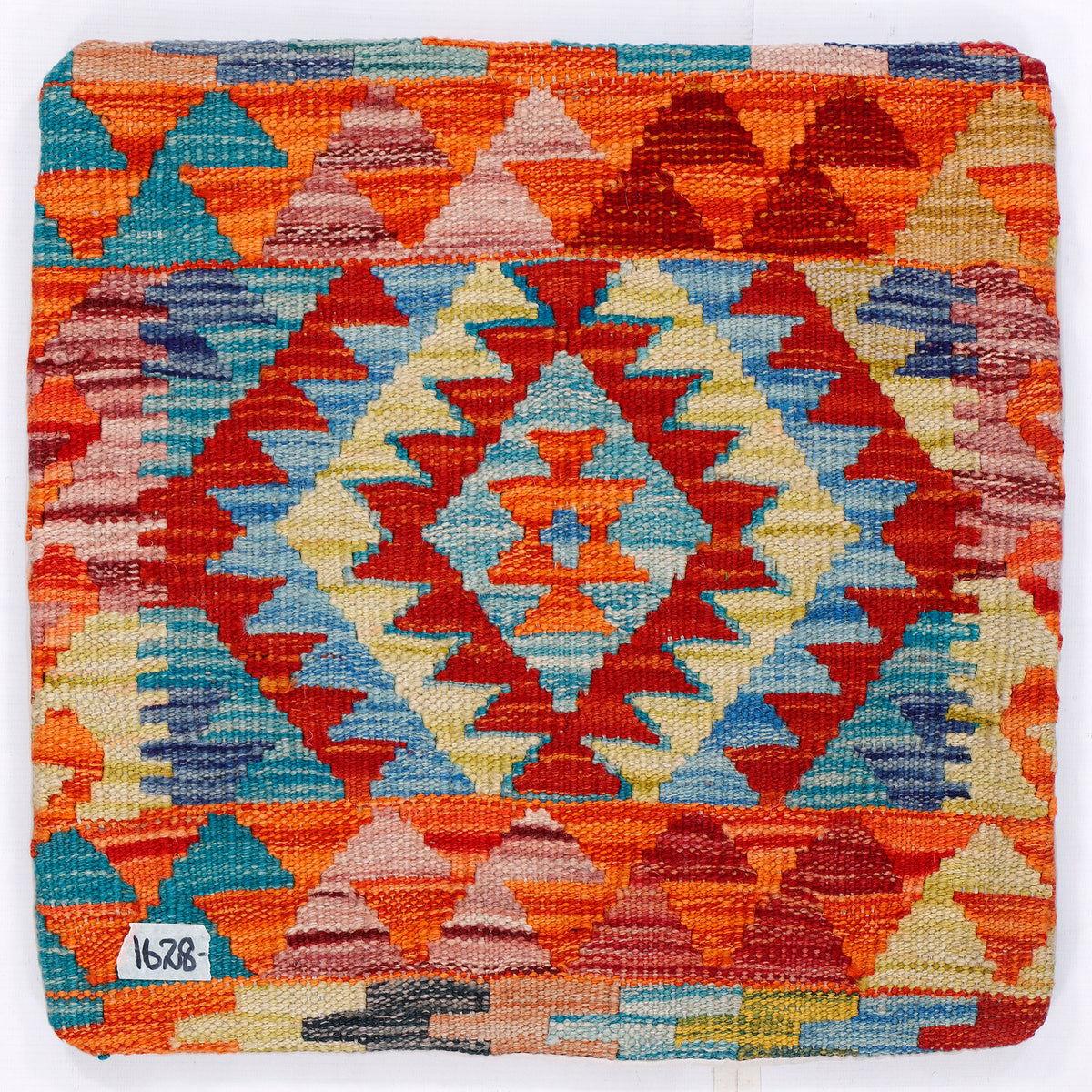 Front view: multicolor kilim cushion with orange and blue diamond pattern, 45x45 cm