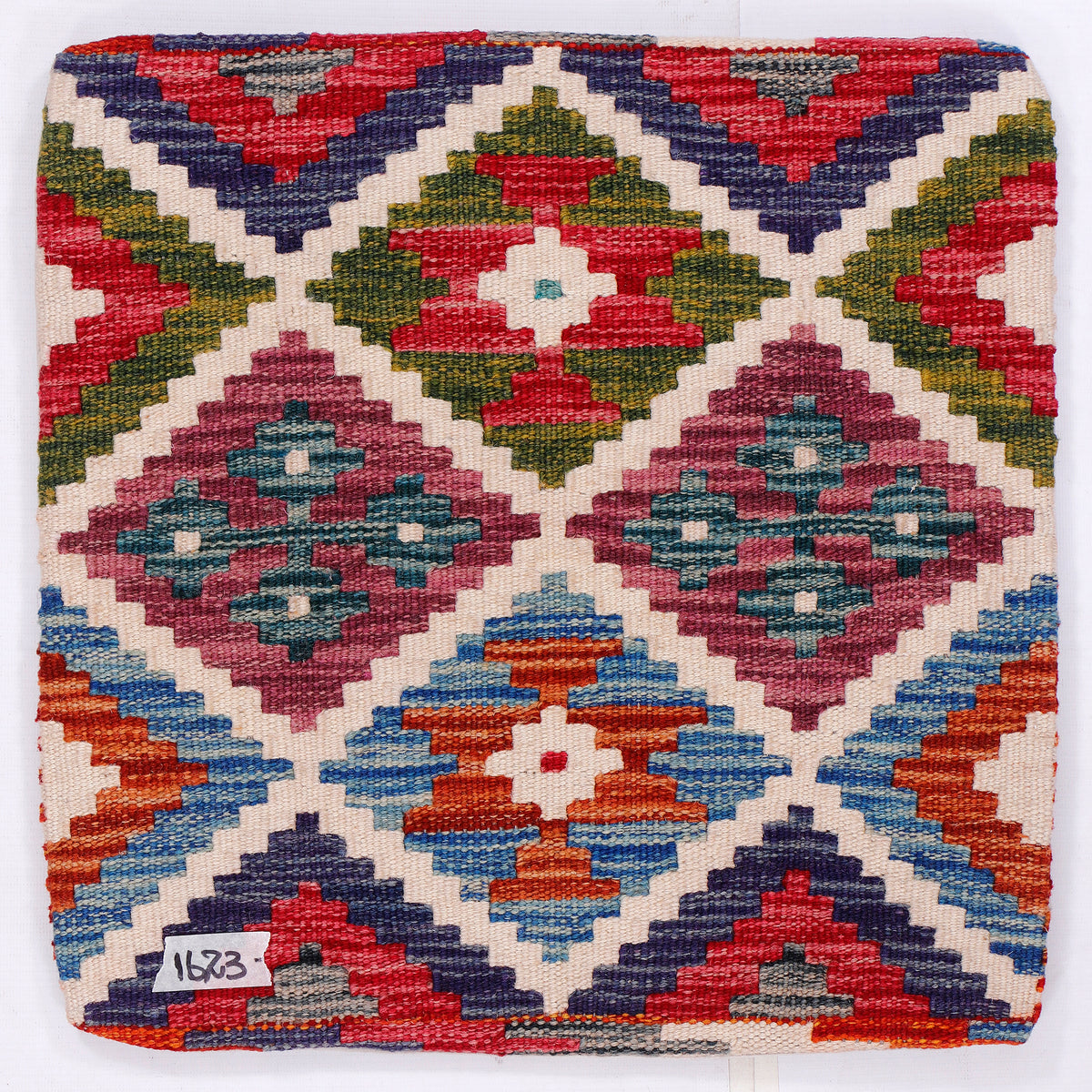 Kilim cushion cover close-up with multicolor geometric diamond cross pattern, 45x45 cm