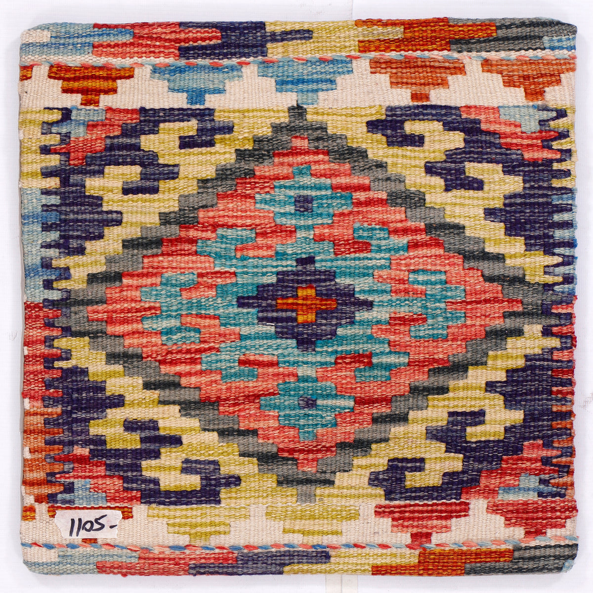 Kilim cushion cover, 45x45 cm, close-up geometric diamond pattern in turquoise, red, navy