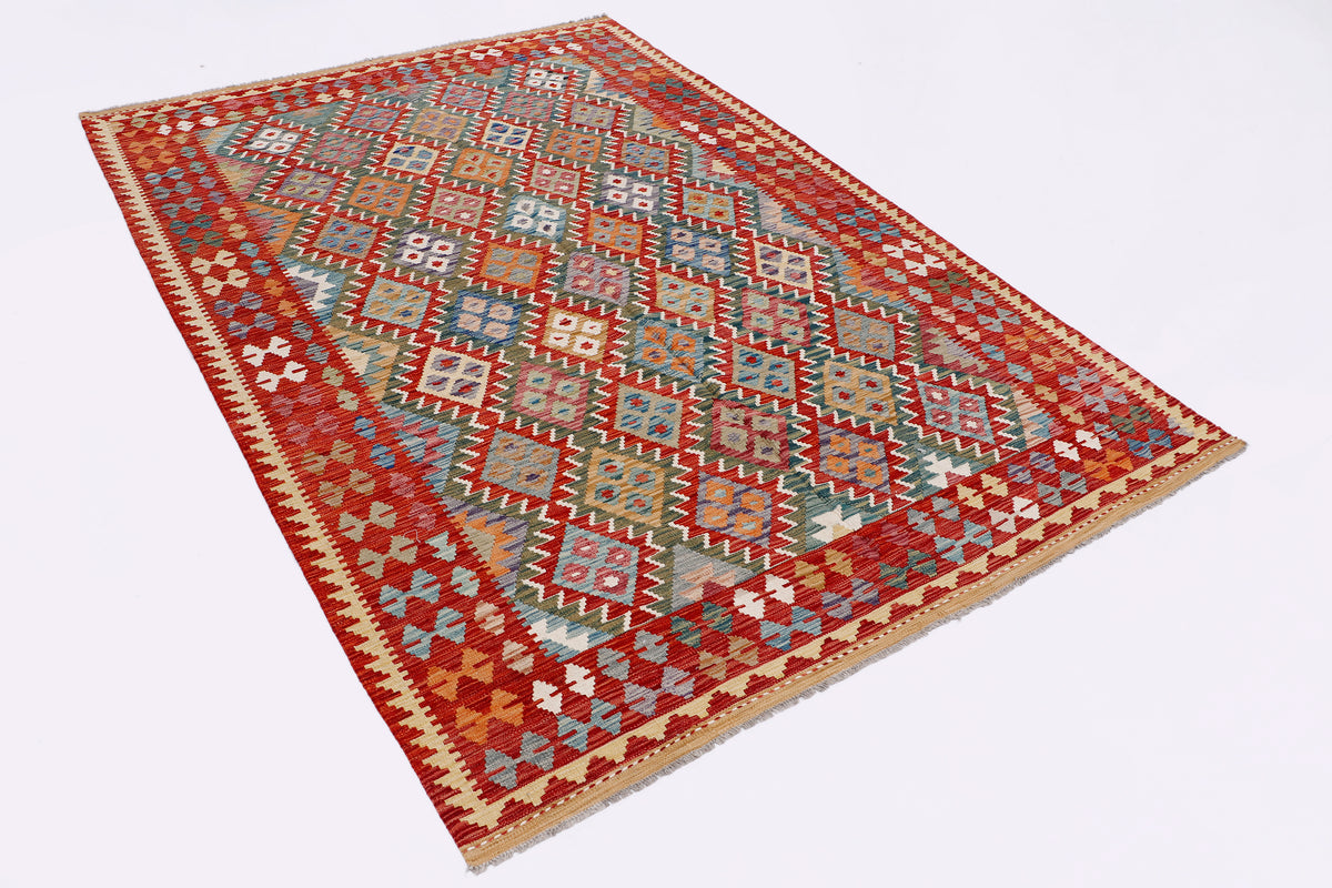 Red and multicolor diamond kilim rug, geometric pattern with trimmed border