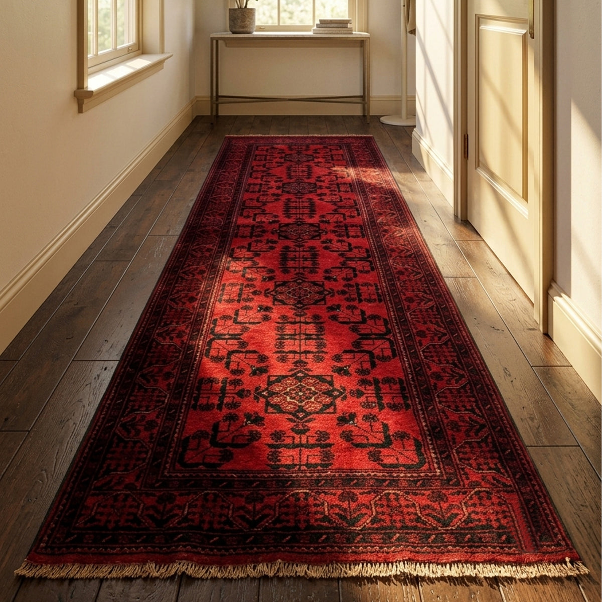 Khanmohamad rug runner in deep red with dark ornate patterns and short fringe ends.