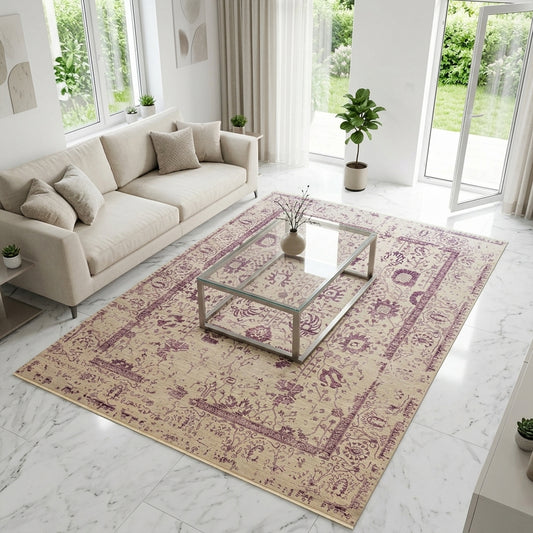Modern beige area rug with purple ornamental pattern, large rectangular design