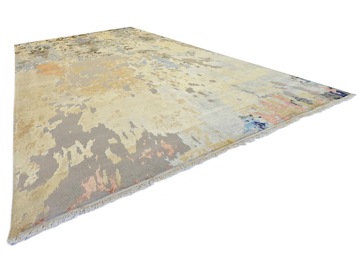 300x240 cm modern abstract rug, distressed beige base with blue and rust accents