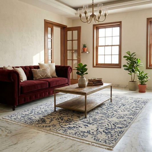 Blue and off-white ornate area rug on floor, wide border with dense motifs