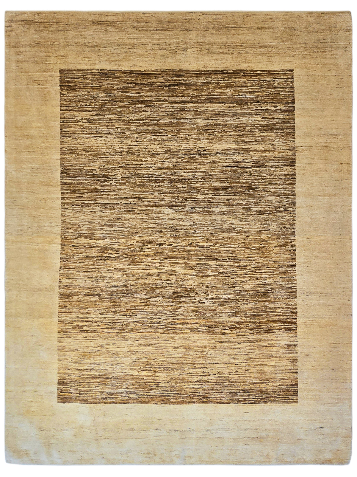 Beige and dark brown square flatweave rug with centered geometric panel
