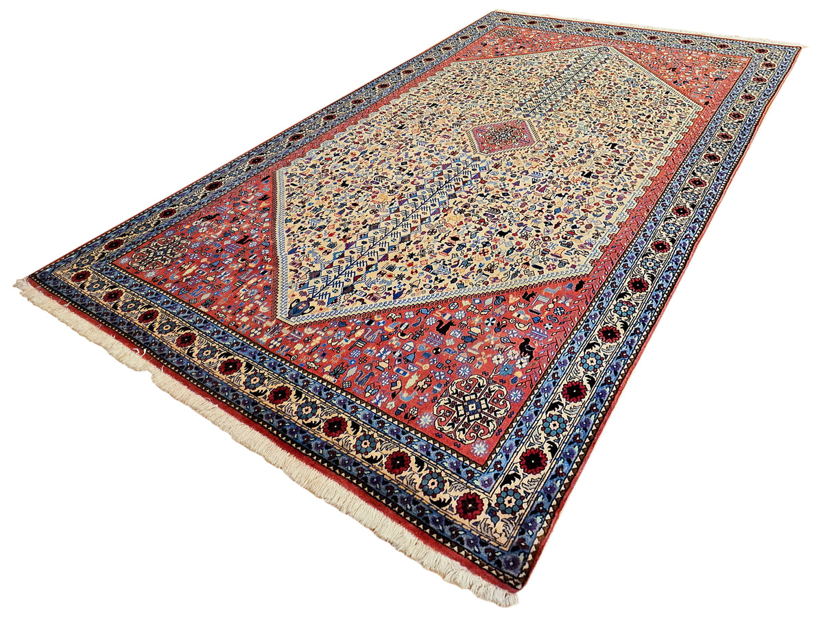 200x300 cm rug with long border stripe, red center, cream speckled field and fringe