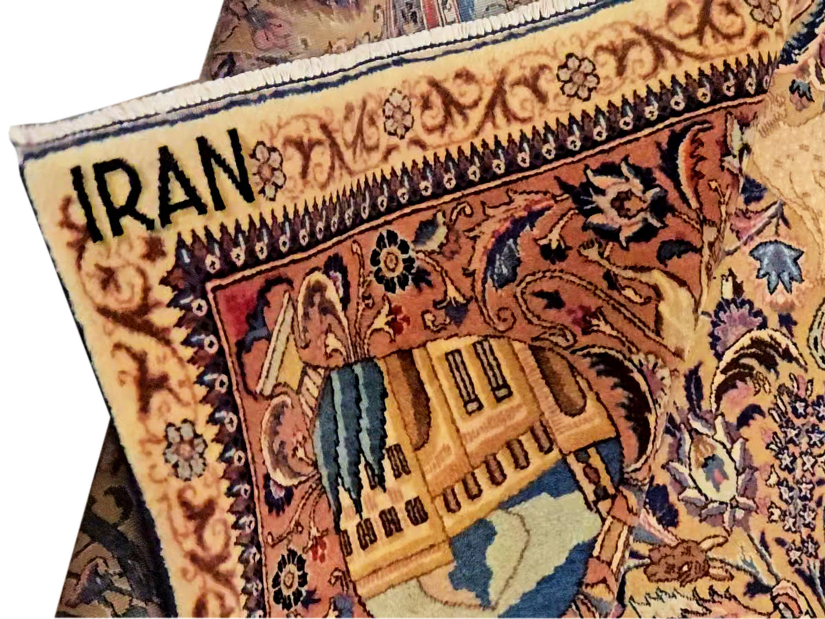 Decorative rug close-up with 'IRAN' text on border and colorful village motif