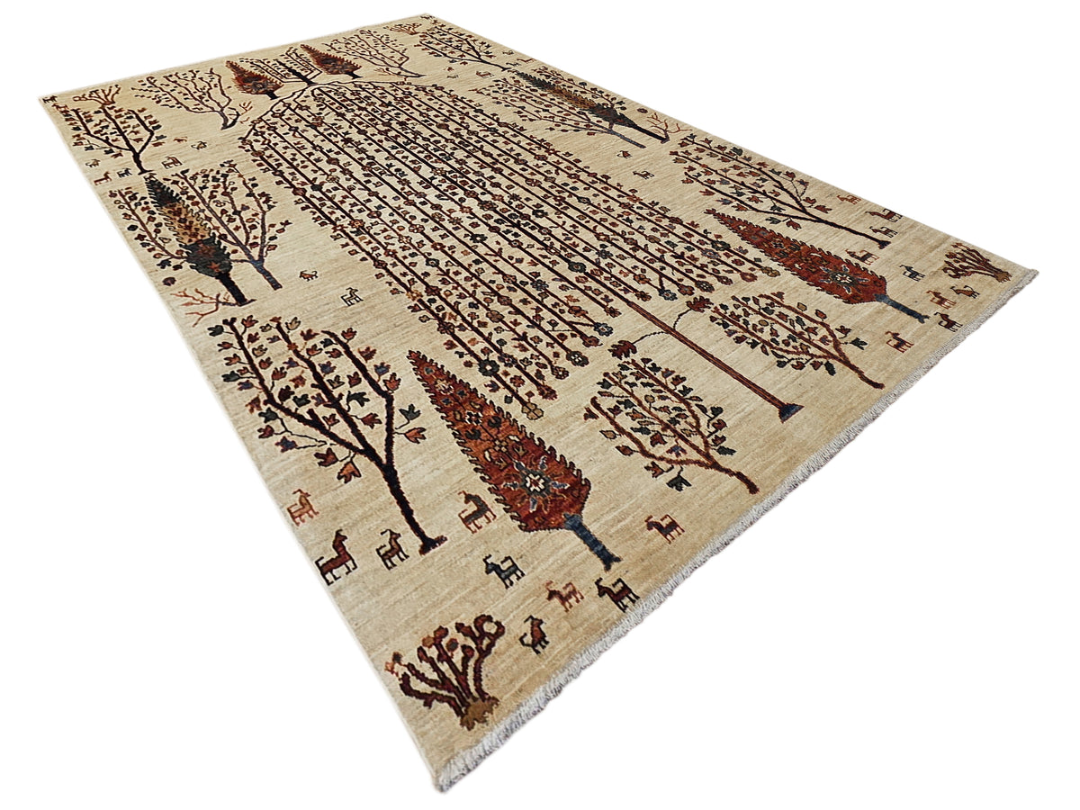 Beige area rug with vertical rows, trees, and geometric motifs in brown and rust red
