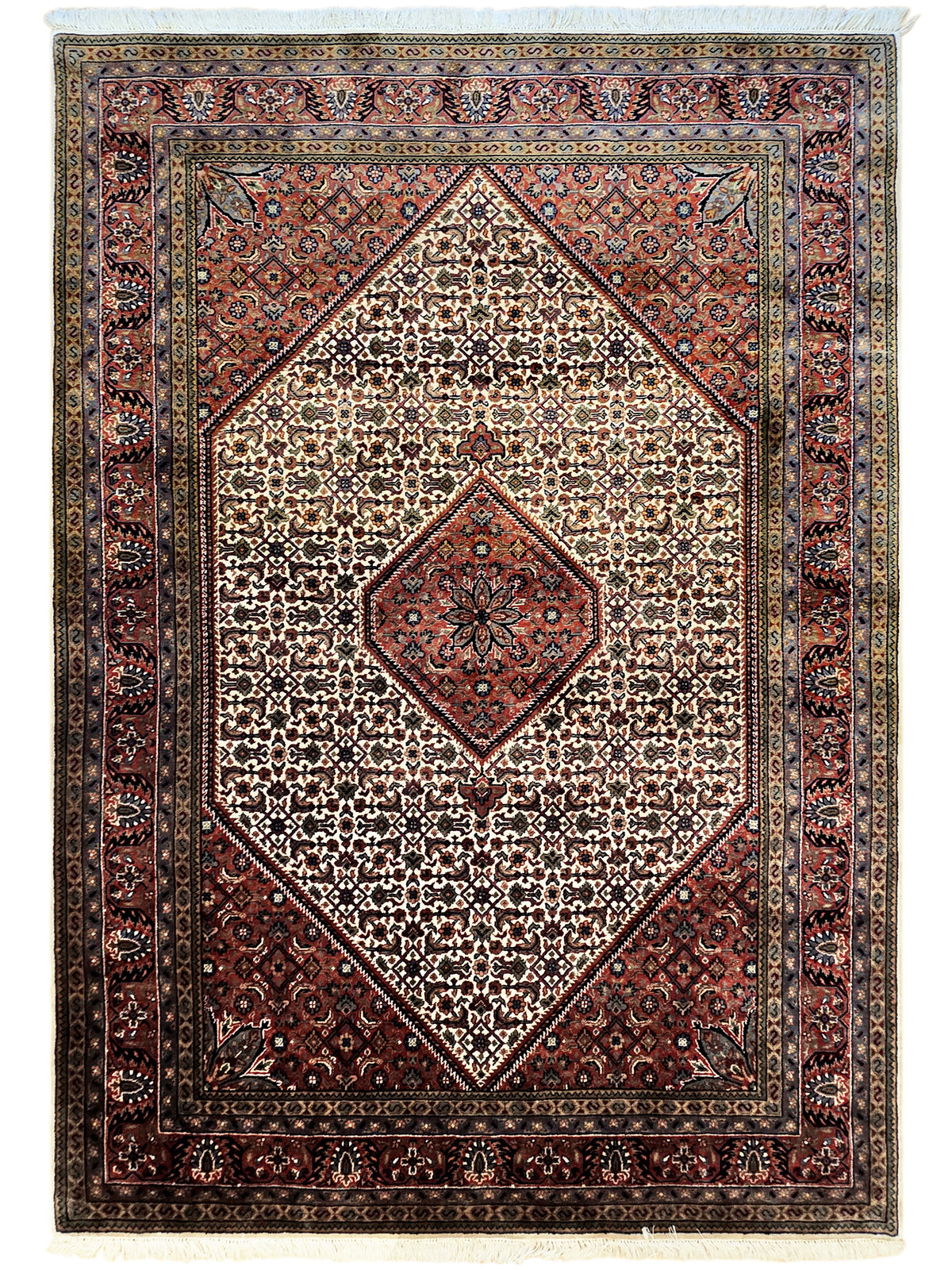 Bidjar rug with cream center medallion, red and blue geometric border, fringe.