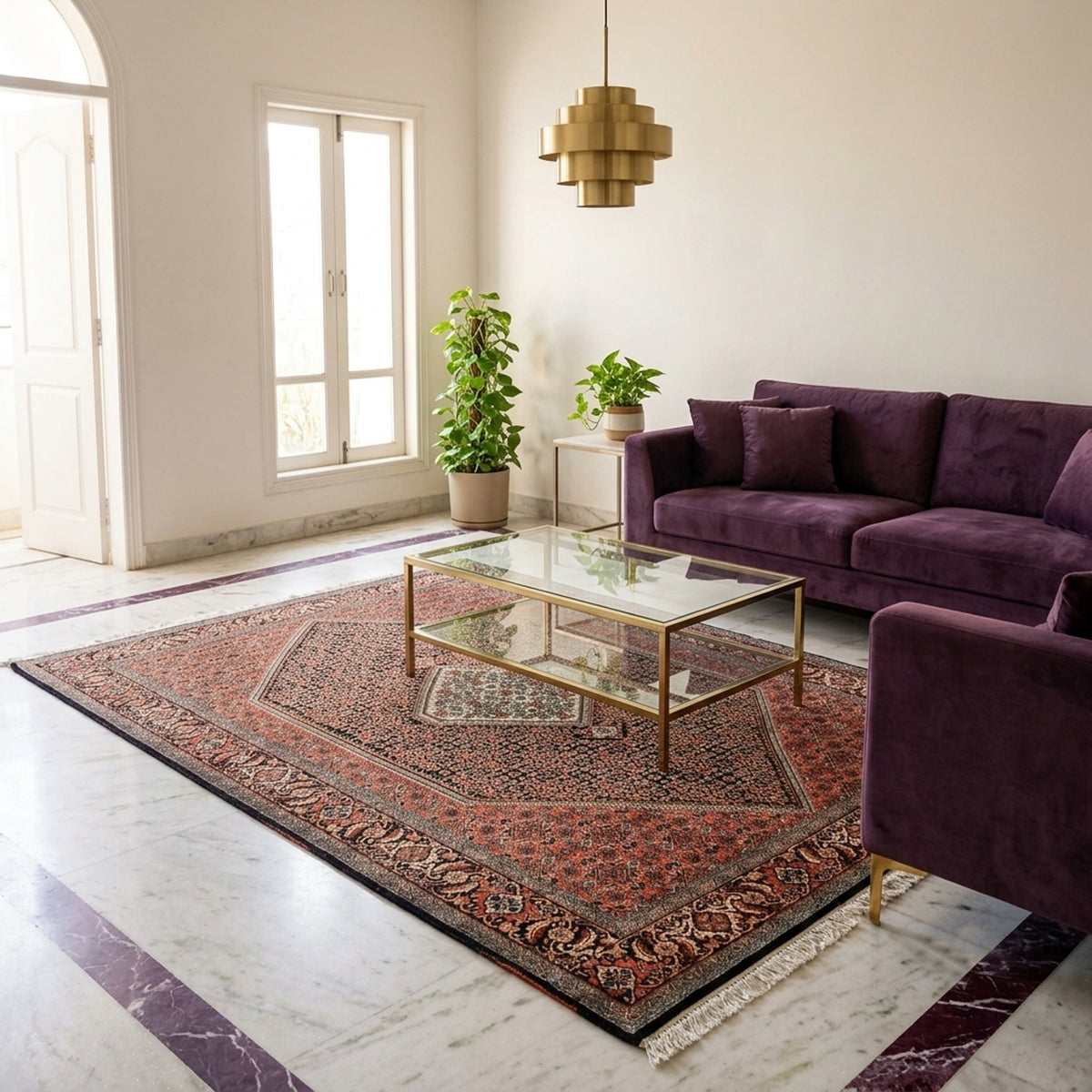 Rust and black patterned area rug featuring central medallion, shown laid on the floor.