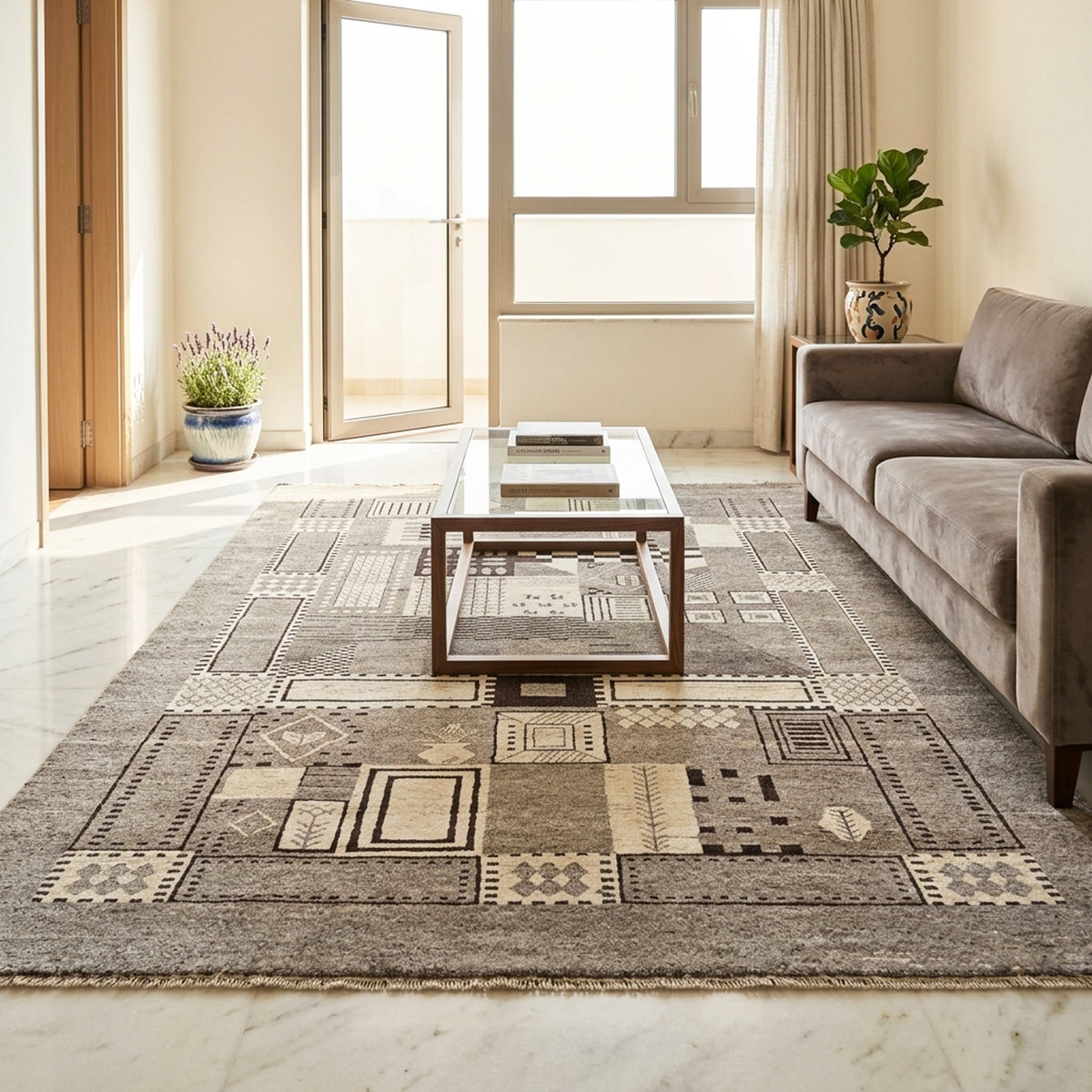 Geometric patchwork area rug in gray and beige with small square motifs