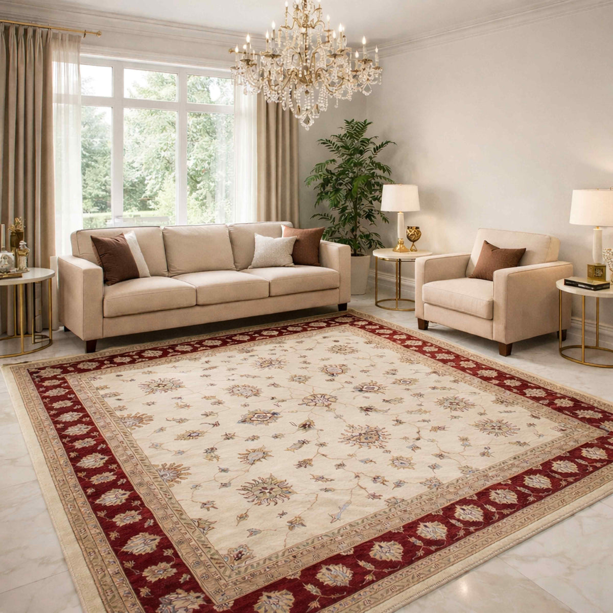 Rug with cream background and burgundy border floral pattern, decorative edge trim