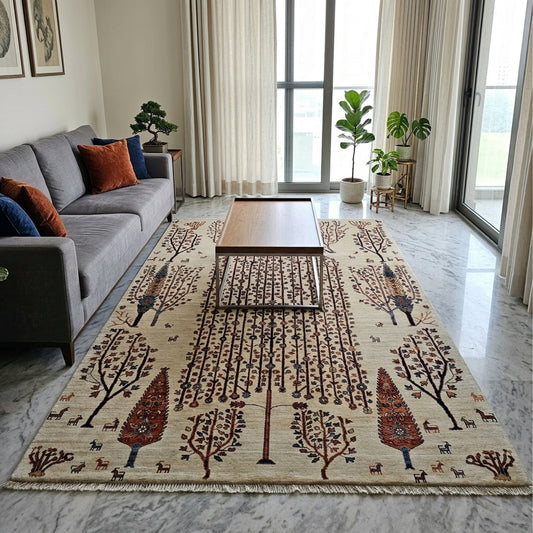 Tree-pattern area rug on a living room floor with dark linework and rust red accents