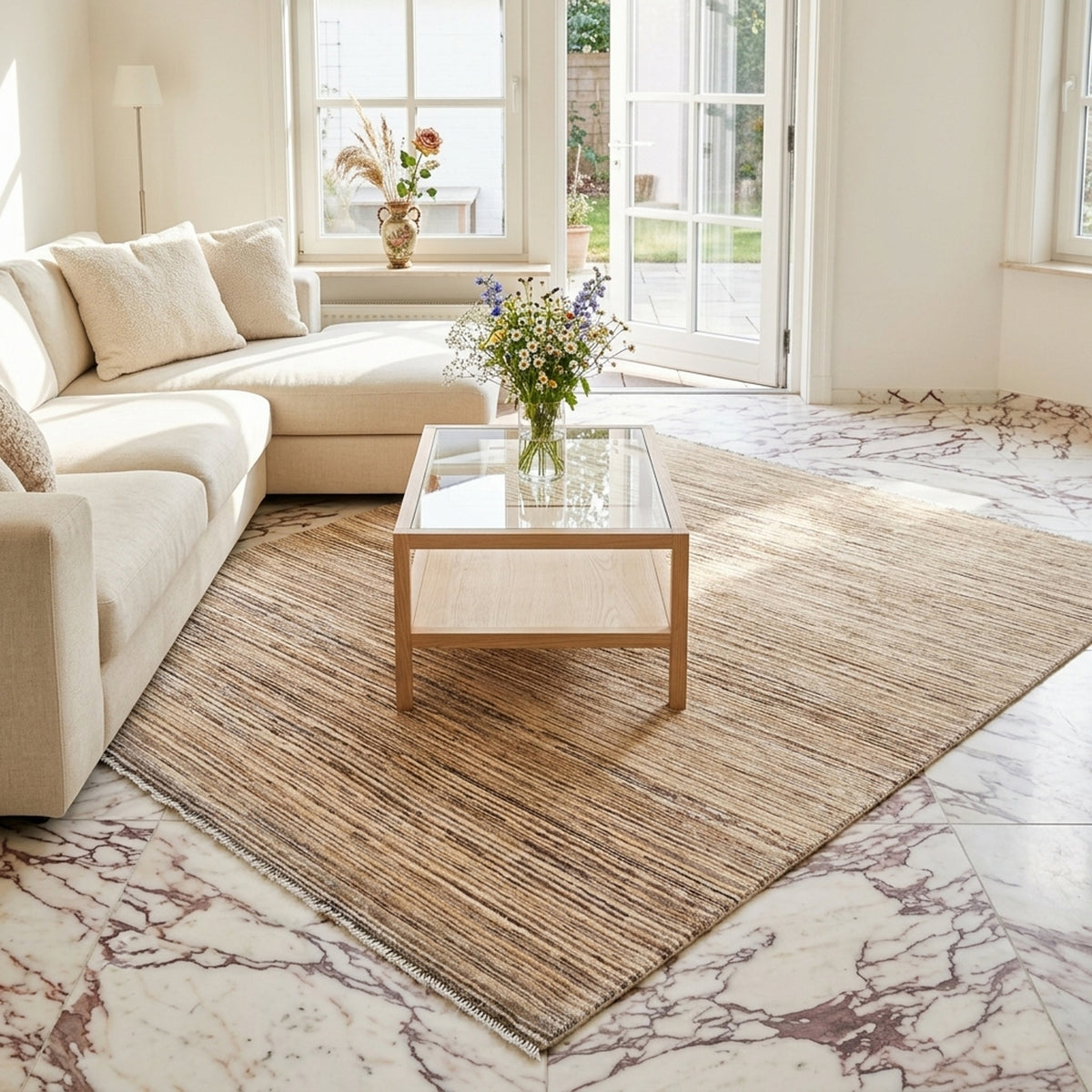 Beige and brown striped Ziegler rug with short textured pile, laid flat on floor