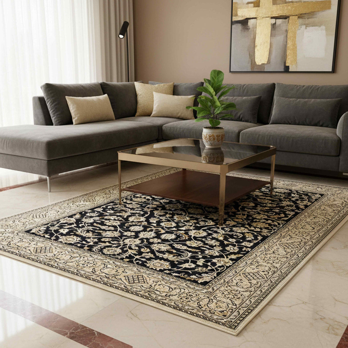 Navy Nain rug with ornate cream and gold floral pattern, bordered design