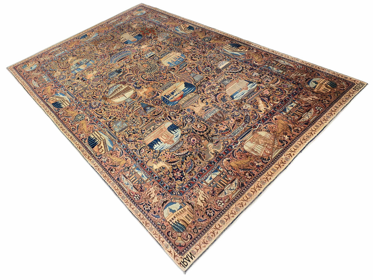 Decorative area rug with blue and rust motifs and a bordered perimeter