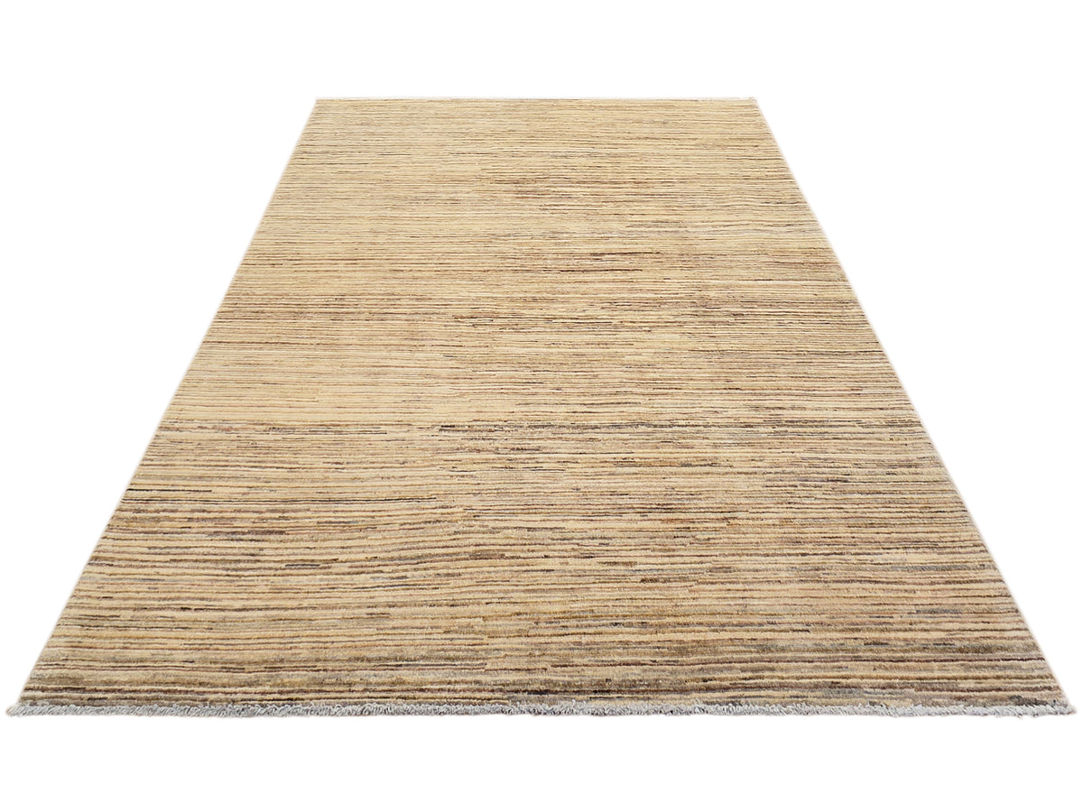 Beige and brown striped Ziegler rug with short textured pile, wide angled view