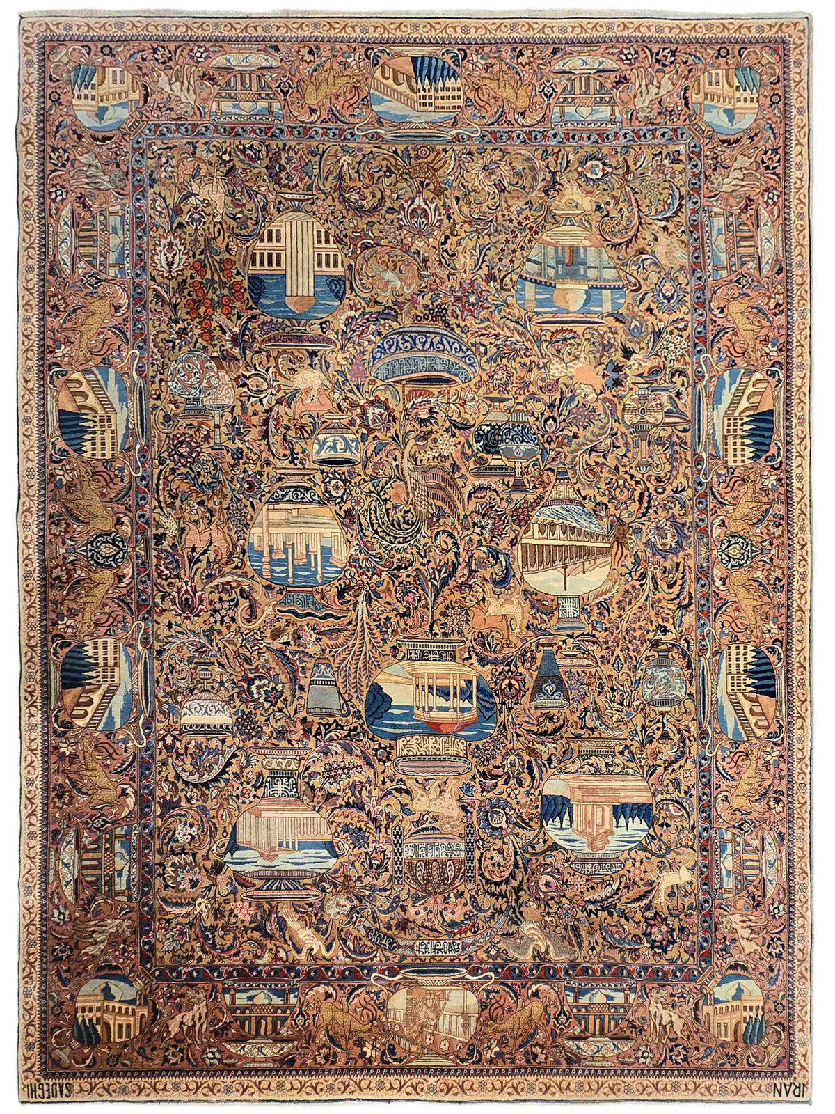 Decorative large rug with symmetrical blue and rust scrolling pattern