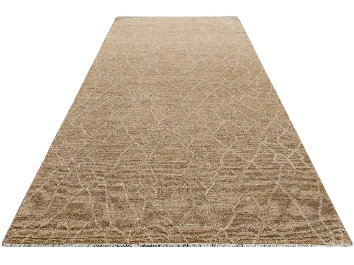 Beige crackle-pattern rug with clean stitched edges, wide angle