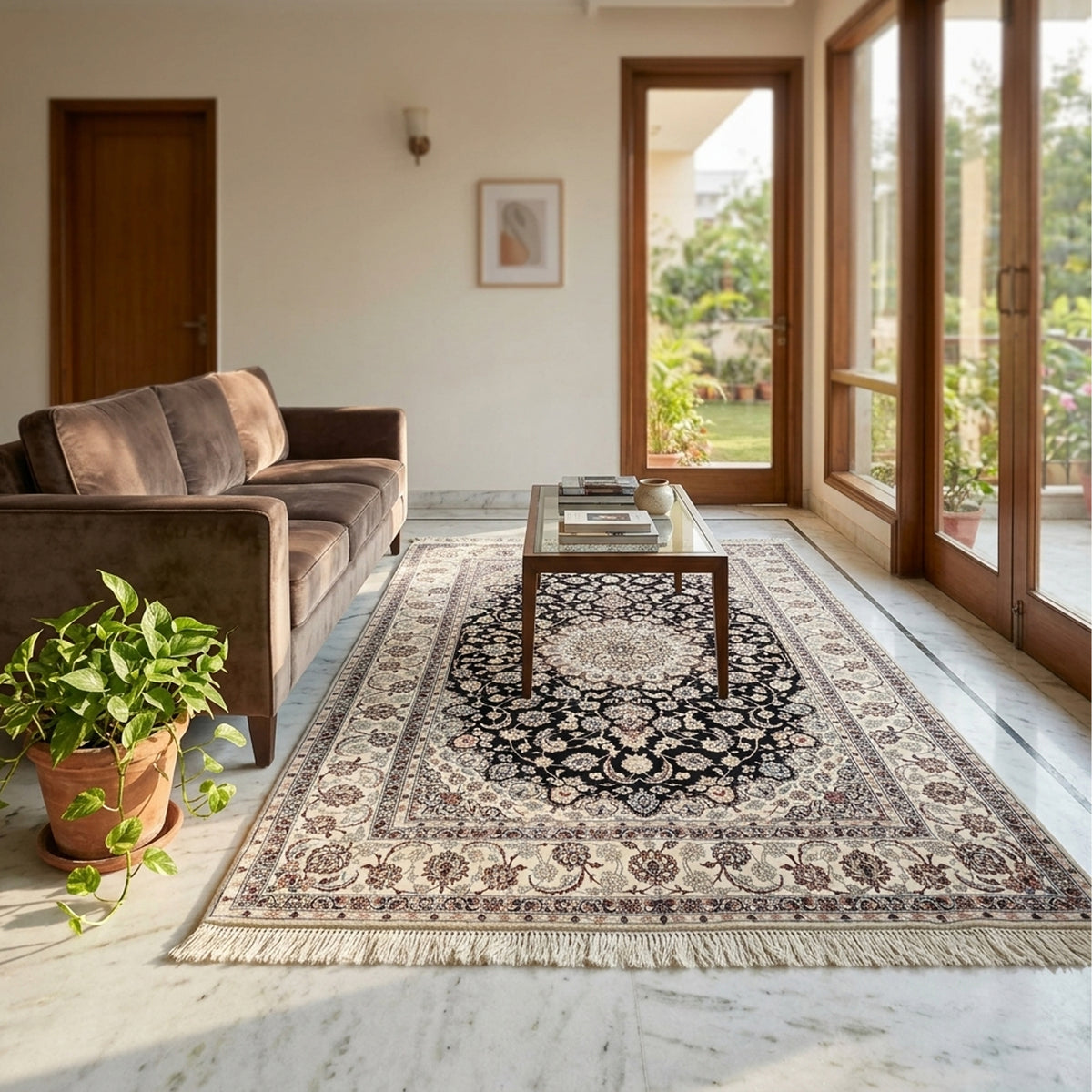 Isfahan rug in a living space, featuring black medallion, cream pattern, and short fringe