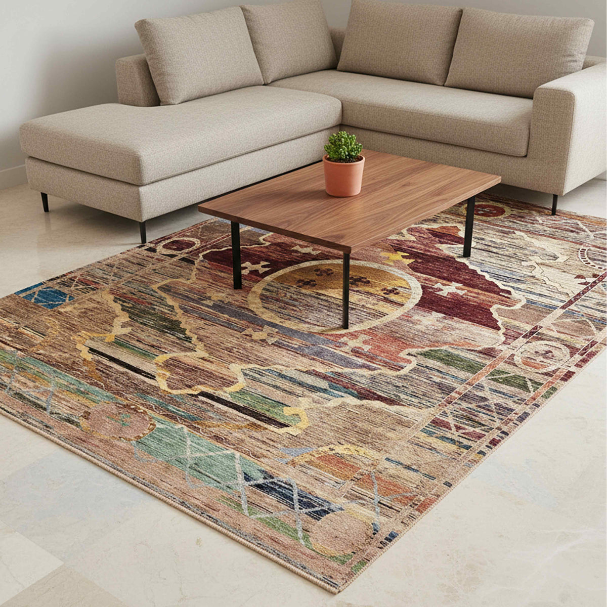 Ziegler Art Deco rug, 294x200 cm, geometric medallions on a flat woven surface