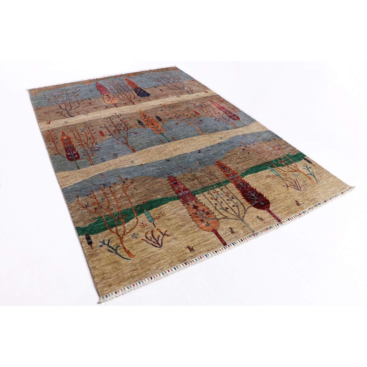 Ariana Gabbeh rug angled view with multicolor tree and border detailing