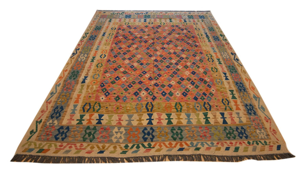 Rectangular kilim rug with multicolor geometric medallion design and short fringe edges
