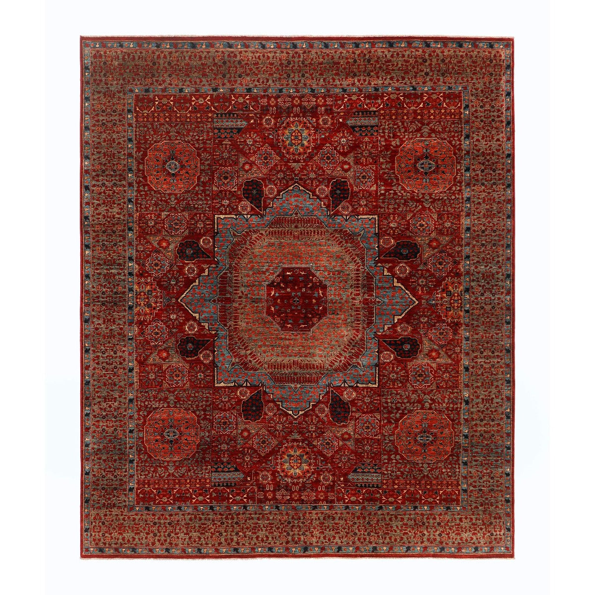 Mamluk rug with red field and geometric medallion, ornate border pattern