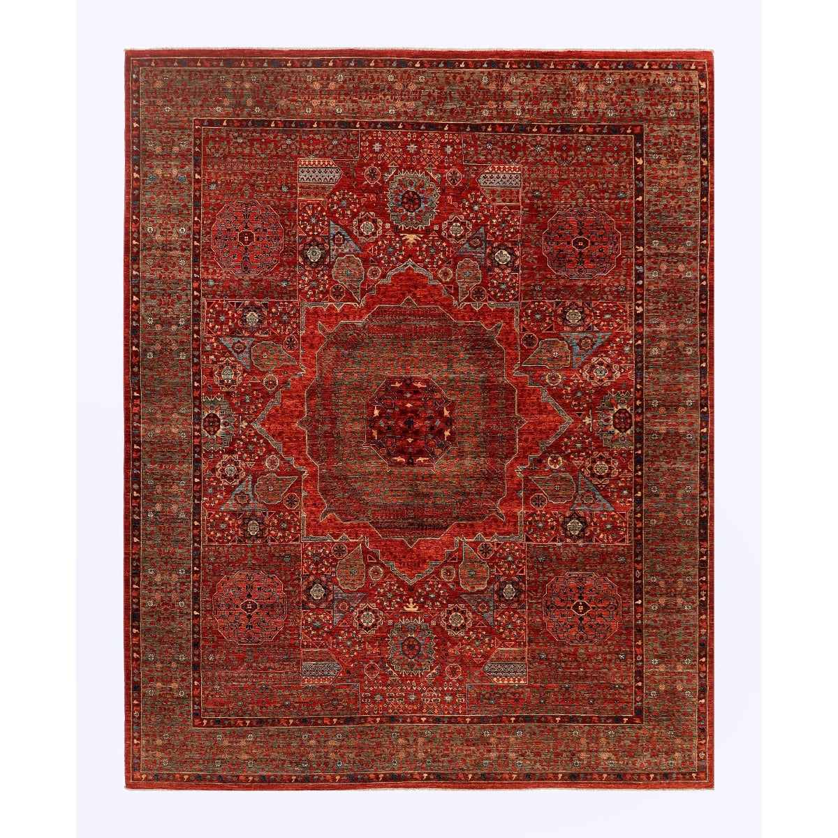 Mamluk rug with red field, central medallion, and detailed geometric border