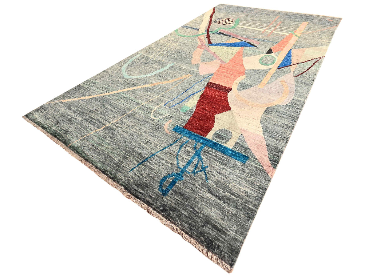 Abstract area rug with geometric figures and linework in blue and red on gray